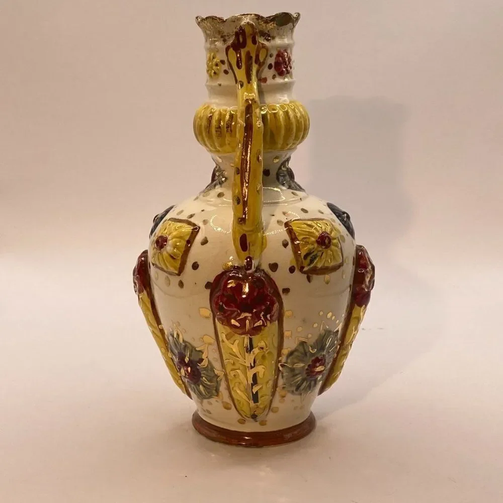 Pompeyi Bejeweled Signed Majolica Ceramic Vase Double Handle Gold Embossed